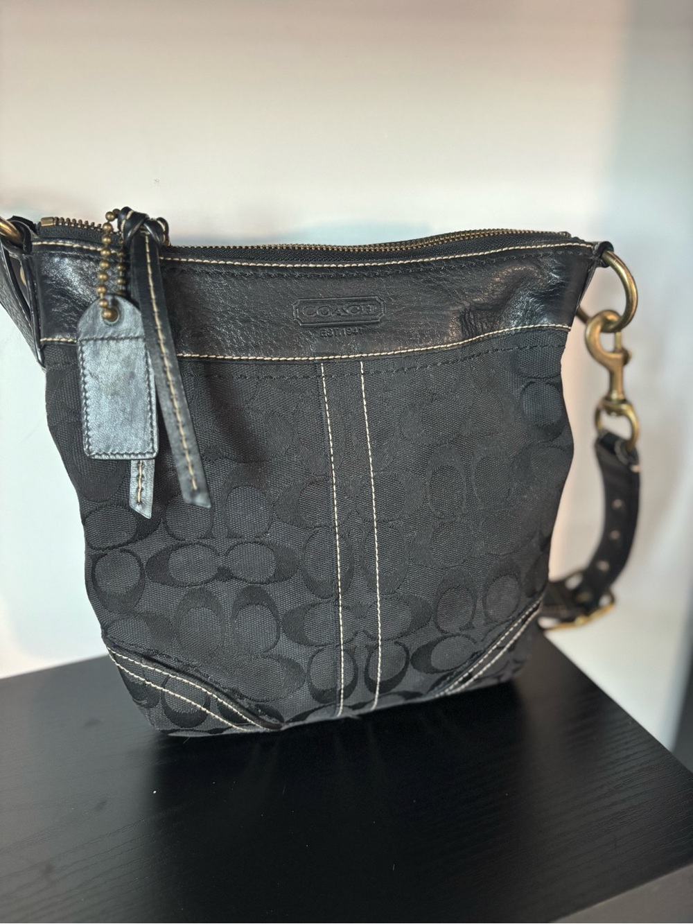 Coach Black Signature Canvas Shoulder Bag with Leather Trim